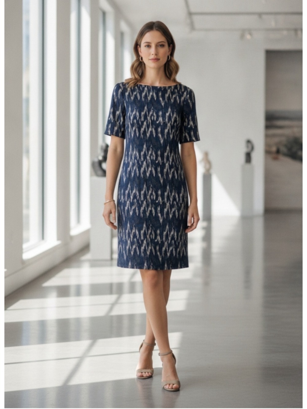 Bitte Kai Rand Ikat Navy and Cream Patterned Sheath Dress Size Small